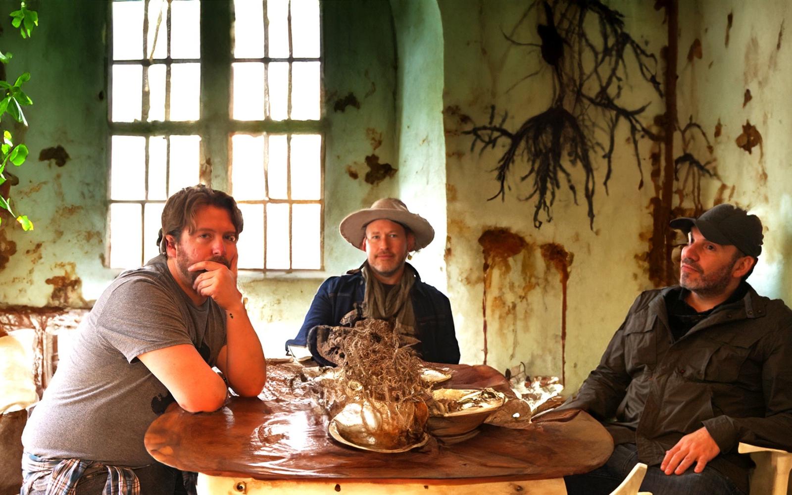 Members of the Band Stray Vines sitting around a table in an earthy and botanical room