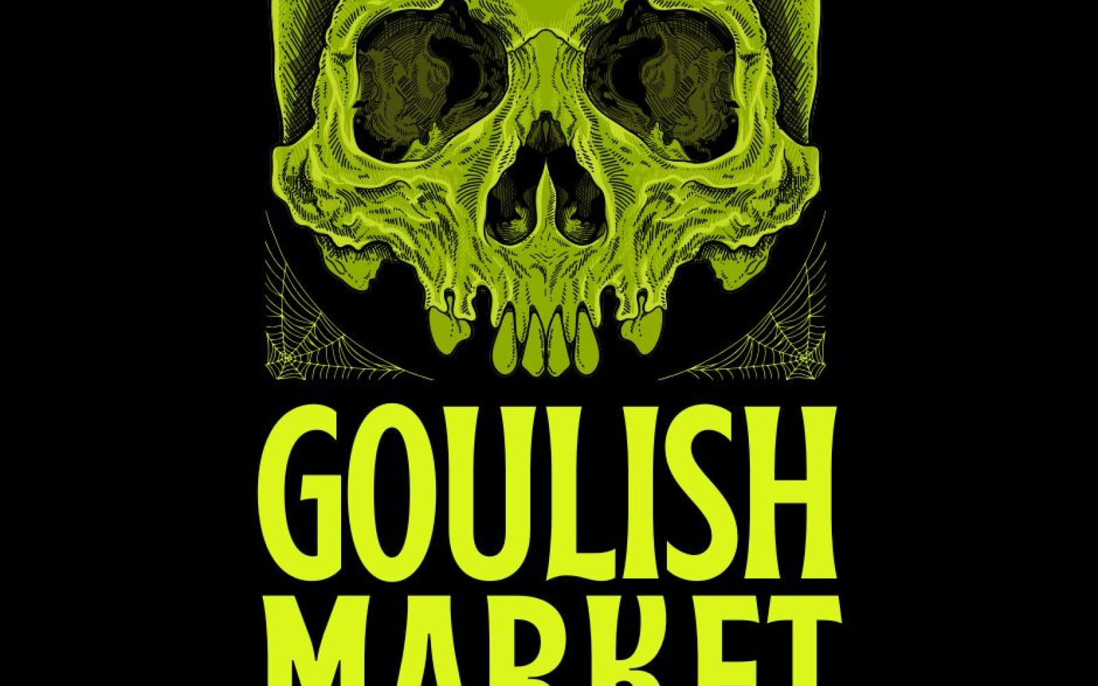 A lime green and black graphic of a skull with with words "ghoulish market" underneath