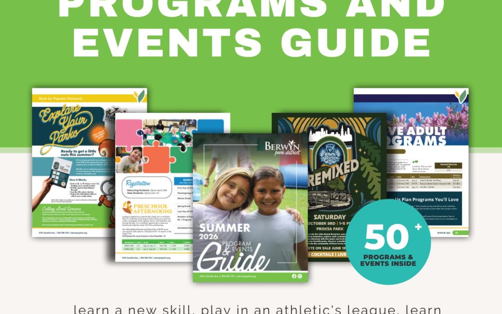 a graphic that says program and events guide with images of the cover and internal pages of the summer program guide