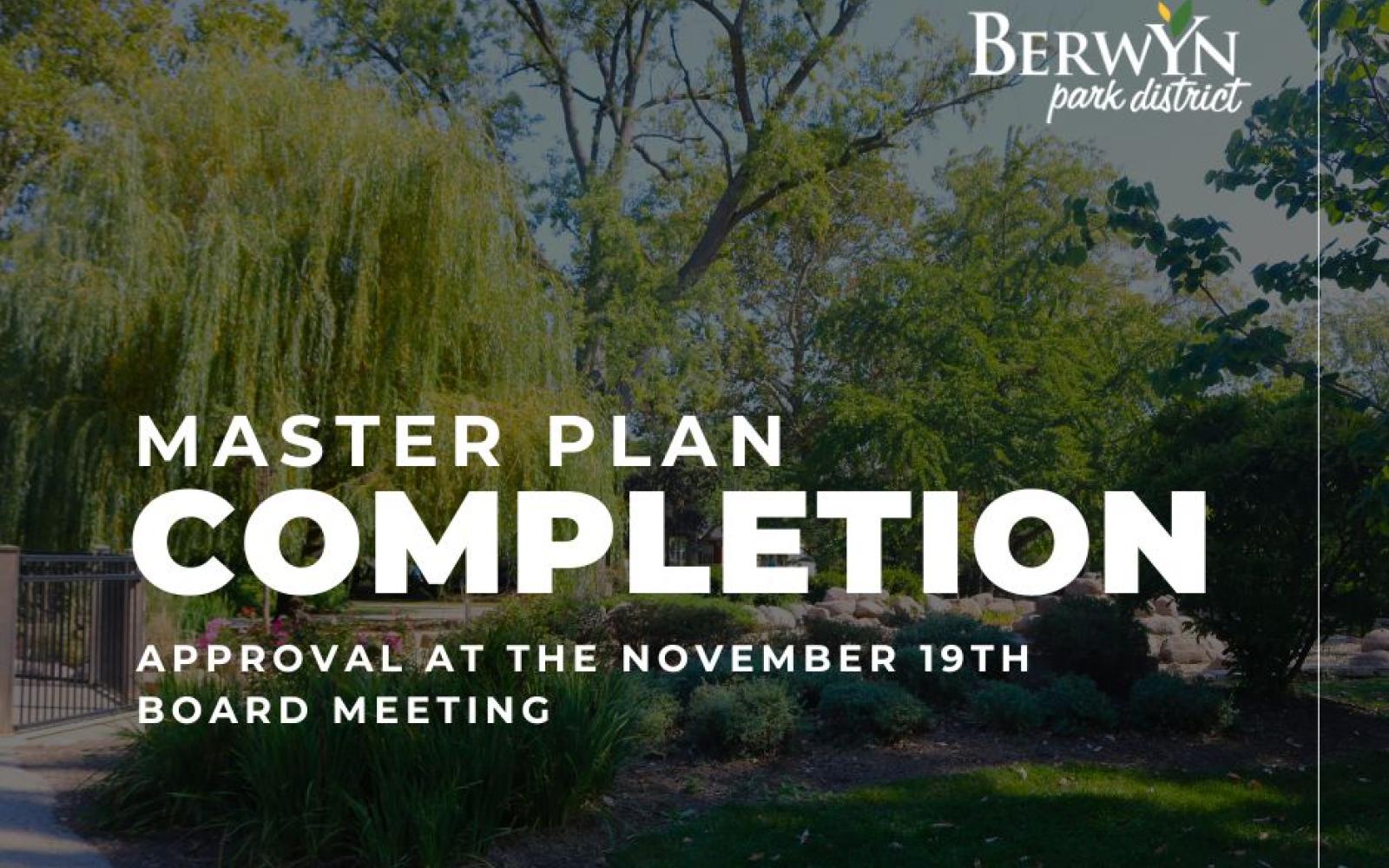 graphic that includes a photo of proksa park and the words "master plant completion"