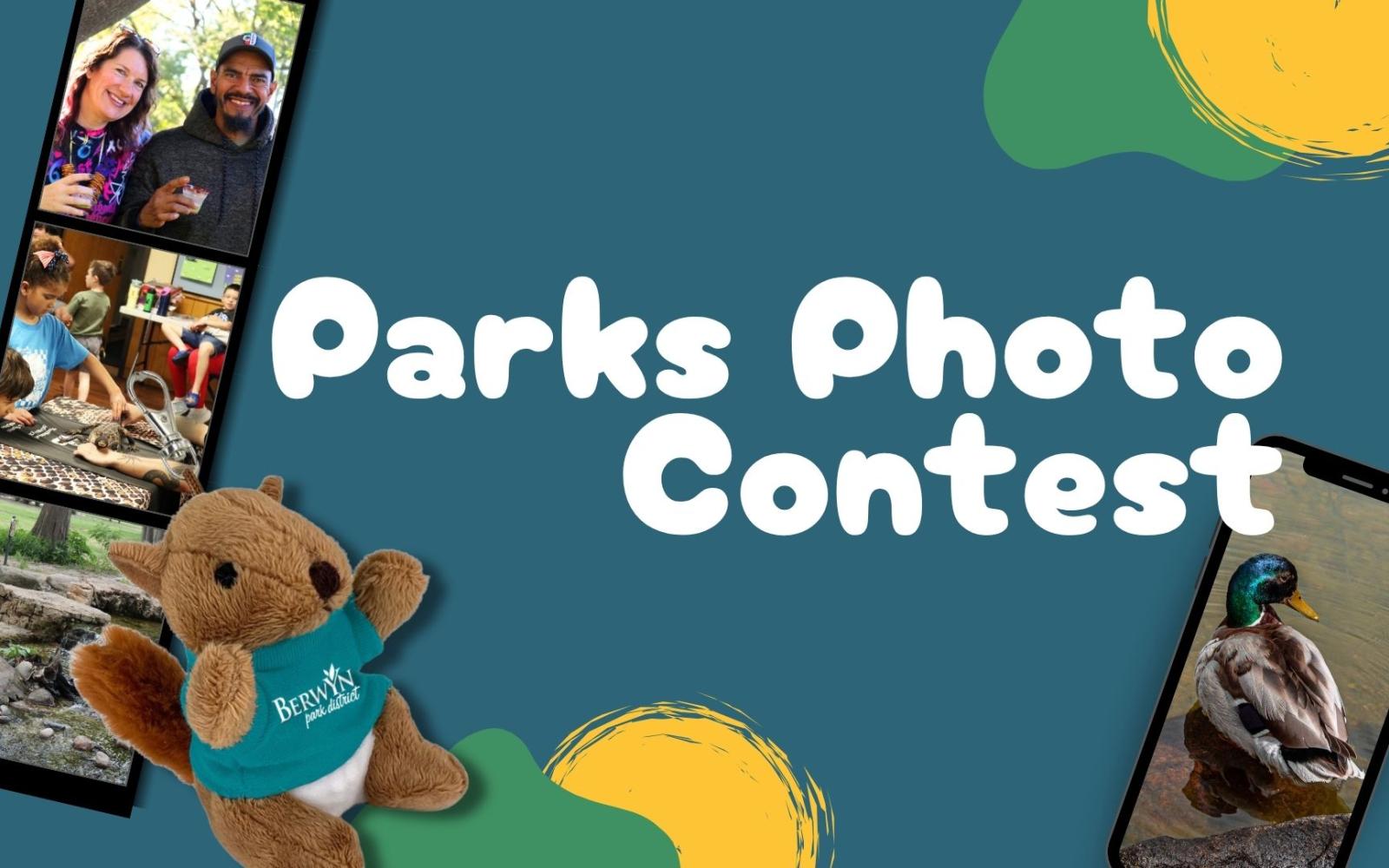 Graphic with a photo strip of people at Berwyn Park District Programs and a running waterfall, and an image of a phone with a picture of a mallard duck on the screen. Also featured is an image of a squirrel plushie keychain. The text reads "parks photo contest."