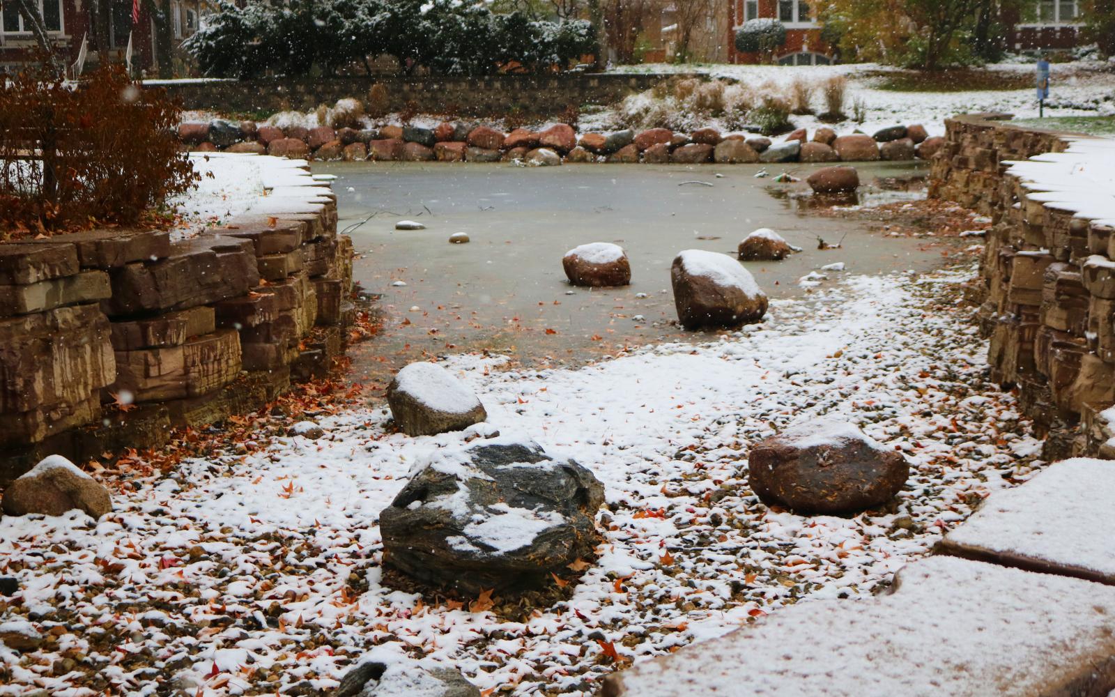 the pond at proksa park covered in snow