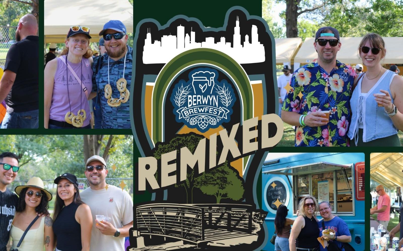 Collage of images depicing couples and groups of friends holding drinks and playing games in the park at Berwyn Brewfest. There's a graphic of a pint glass with the chicago skyline on top and the Berwyn Brewfest logo in the middle