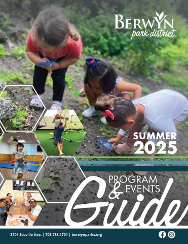 Am image of the cover of the summer 2025 program and events guide, featuring a photo of three children looking at nature with a magnifying glass