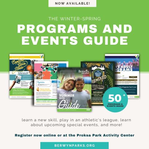 a graphic that says program and events guide with images of the cover and internal pages of the summer program guide