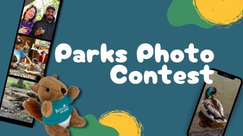 Graphic with a photo strip of people at Berwyn Park District Programs and a running waterfall, and an image of  a phone with a picture of a mallard duck on the screen. Also featured is an image of a squirrel plushie keychain. The text reads "parks photo contest."